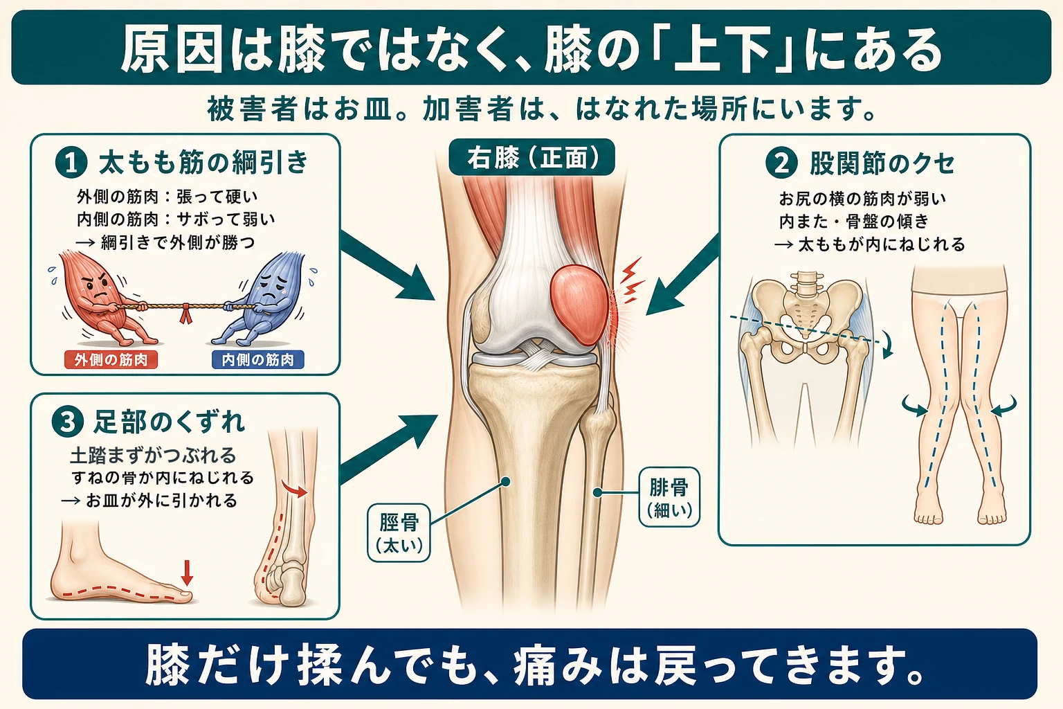 膝蓋骨外側偏位の3つの原因の図解:太もも筋の綱引き・股関節のクセ・足部のくずれが膝のお皿を外側へ引く