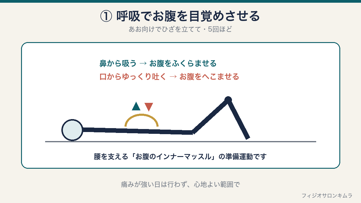 呼吸エクササイズの姿勢図。あお向けでひざを立て、鼻から吸ってお腹をふくらませ、口からゆっくり吐いてお腹をへこませる